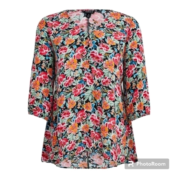 ❤️TORRID Floral Crinkle Gauze 3/4 sleeve high low tunic top - Picture 11 of 11